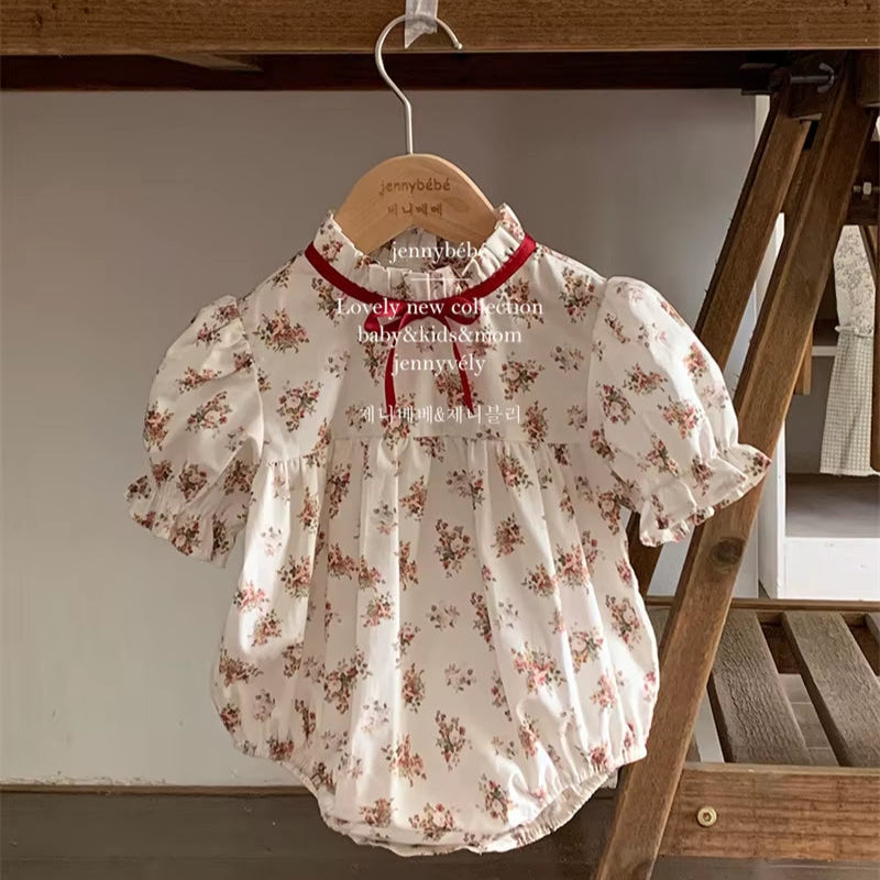 Petalpoise – Vintage Floral Square-Neck Romper for Baby Girls