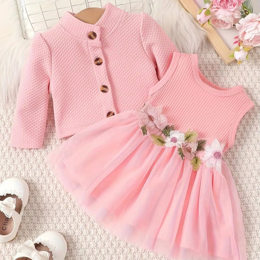 Elegant Bloom – Baby Girl Mesh Dressjacket with Waist Flower Detail