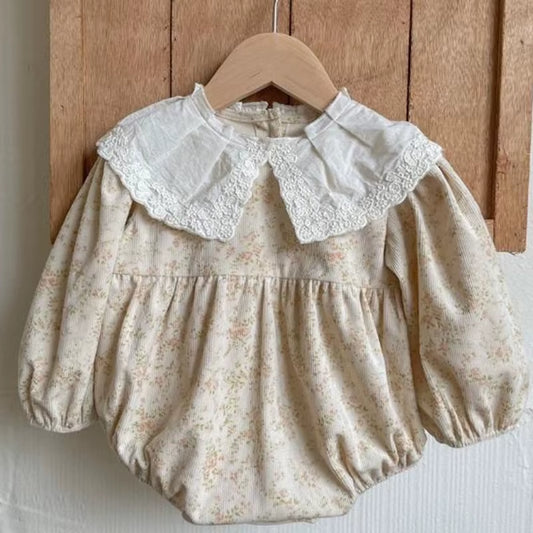 Lacewhimsy – Corduroy Floral Romper with Petal Collar for Baby Girls