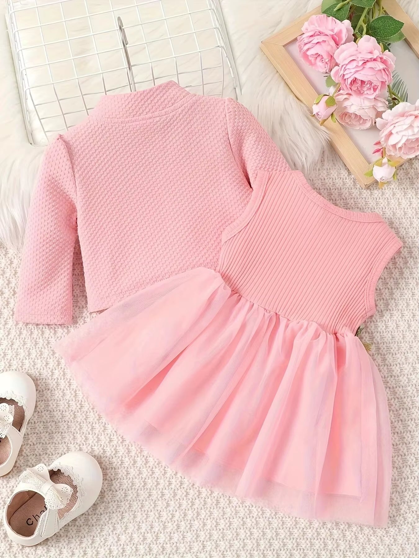 Elegant Bloom – Baby Girl Mesh Dressjacket with Waist Flower Detail